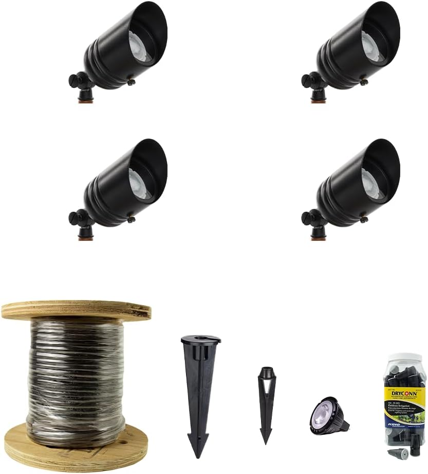 VOLT 12V Brass Fat Boy LED Outdoor Spotlight 4-Pack Expansion Kit (Black) for Low Voltage Landscape Lighting of Yard, Lawn, Garden, Patio, Trees & House