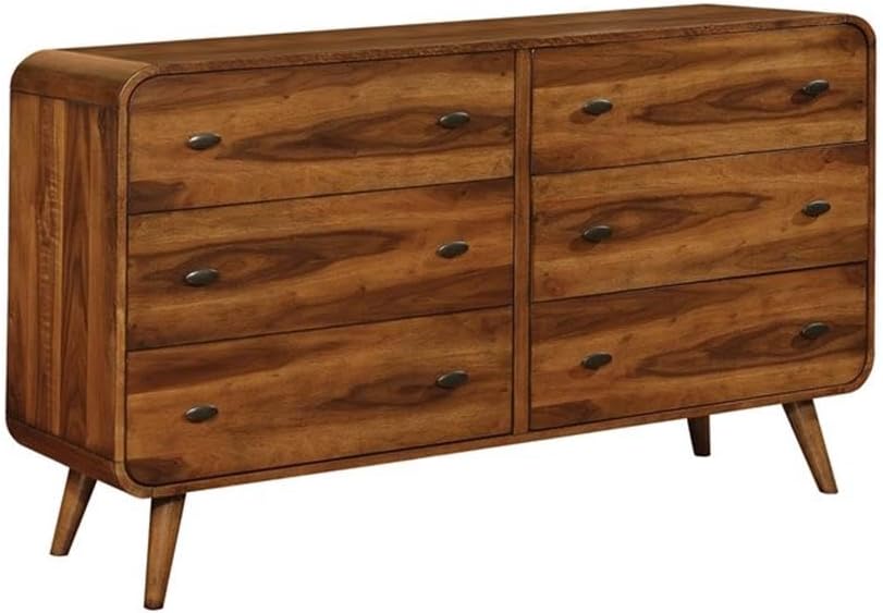 Pemberly Row 5-Piece California King Bedroom Set, Dark Walnut Finish, Dark Gray Upholstered Bed, Solid Wood Construction, Mid-Century Style, Includes Dresser, Mirror, Nightstand, Chest for Elegant