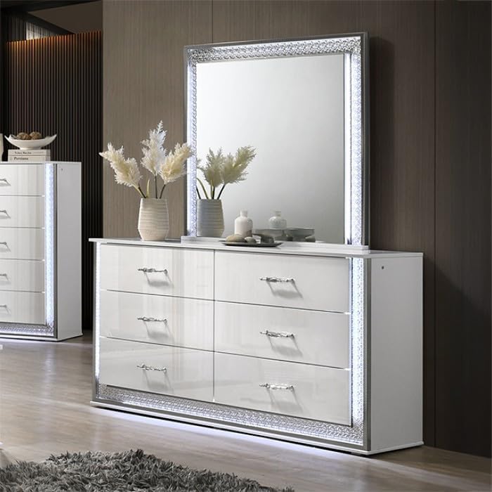 MASARA 6-Piece Glam White Bedroom Set with High-Gloss Finish, Engineered Wood, Crystal Effect Zinc Alloy Trim (King)