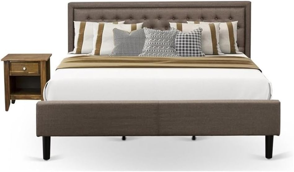 East West Furniture KD18K-1GA08 2 Piece King Bed Set - 1 King Size Platform Bed Frame Brown Linen Fabric Padded and Button Tufted Headboard with 1 Nightstand - Antique Walnut Finish Nightstand
