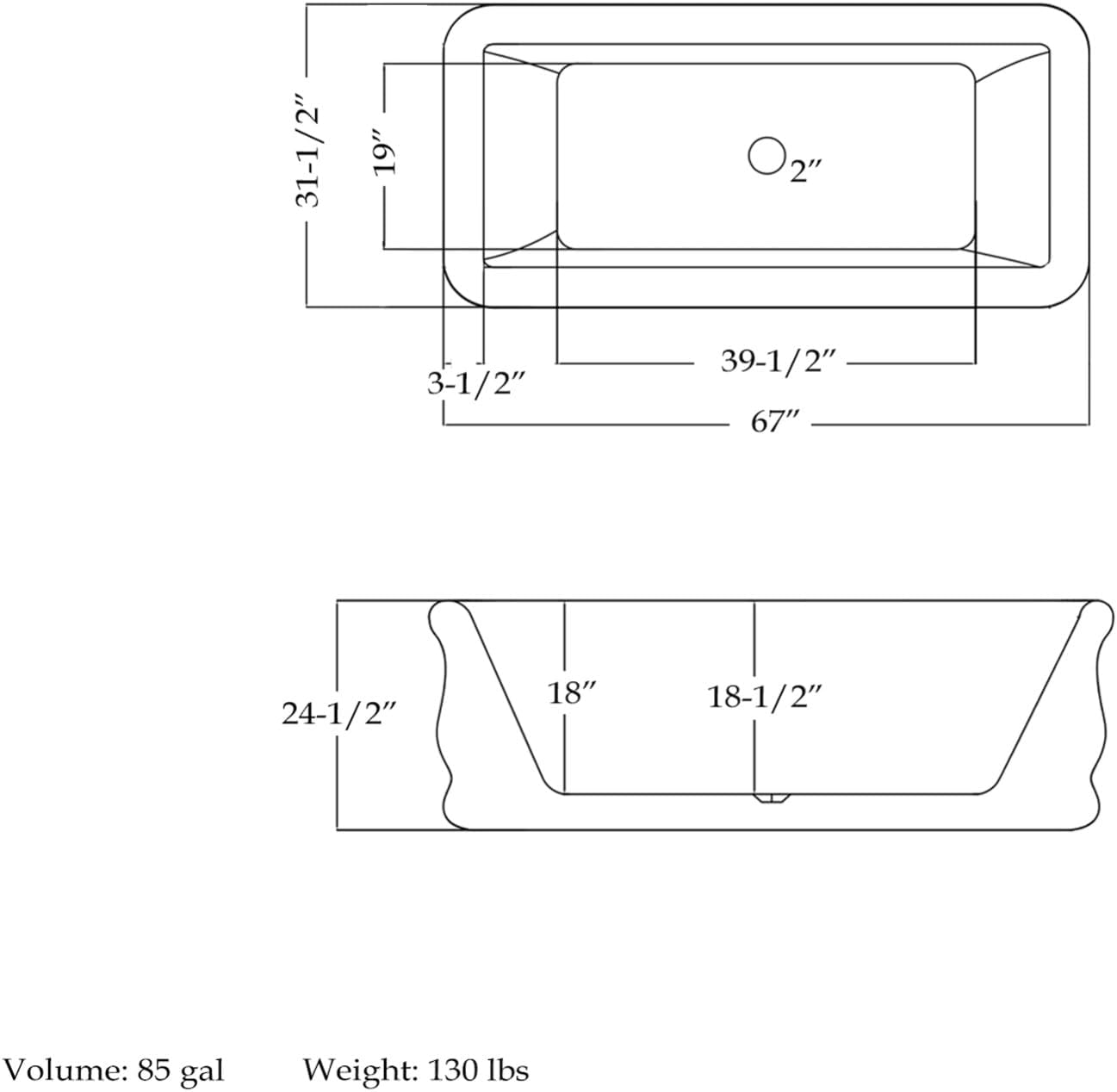 Crest 67 in. L x 31-1/2 in. W x 24-1/2 in. H Freestanding Acrylic Bathtub, Brushed Nickel Drain