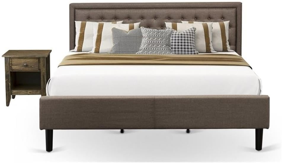 East West Furniture KD18K-1GA07 2 Piece King Bedroom Set - 1 Bed Frame Brown Linen Fabric Padded and Button Tufted Headboard with 1 Mid Century Nightstand - Distressed Jacobean Finish Nightstand
