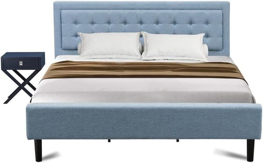 East West Furniture FN11K-1HA15 2-Piece Fannin King Size Bed Set with 1 Bed Frame and a Navy Blue Small Nightstand - Reliable and Sturdy Construction - Denim Blue Linen Fabric Bed