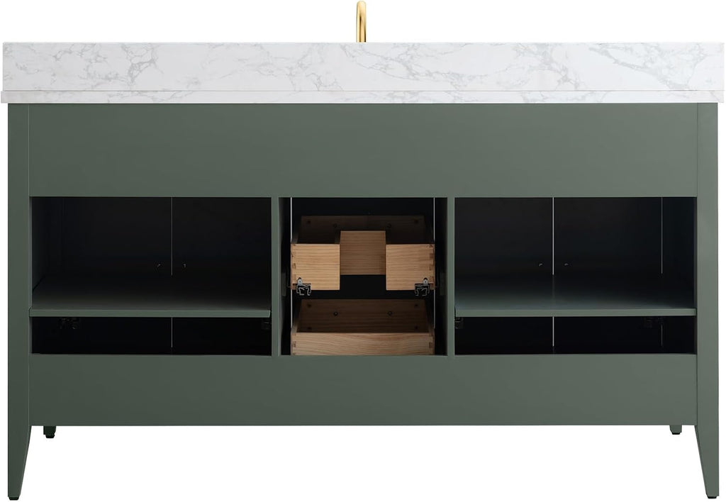 Vanity Art 60 inch Bathroom Vanity with Single Sink & Ceramic Top, Vanity Cabinet with Soft-Closing Doors, Drawers, Solid Wood Frame, Vintage Green, VA9060-SVG-BN1