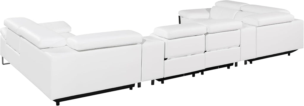 BlackJack Furniture Antonio 8 Piece U Shaped Power Reclining Sectional Sofa, Modular Couch with Top Grain Italian Leather, 4 Electric Recliners, USB & Wireless Chargers, Storage Console, White