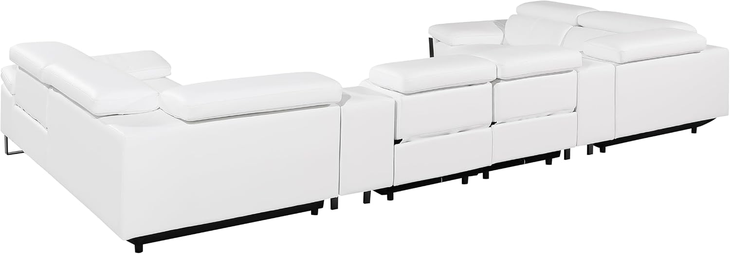 BlackJack Furniture Antonio 8 Piece U Shaped Power Reclining Sectional Sofa, Modular Couch with Top Grain Italian Leather, 4 Electric Recliners, USB & Wireless Chargers, Storage Console, White
