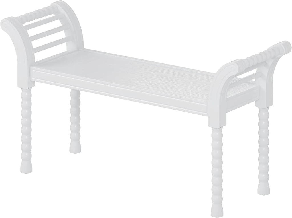 Retro Style 4-Pieces Bedroom Sets, Wood Queen Size Platform Bed with Gourd Shaped Headboard, 2 Storage Nightstand and Bench, Turned Legs Design (White-11.21)