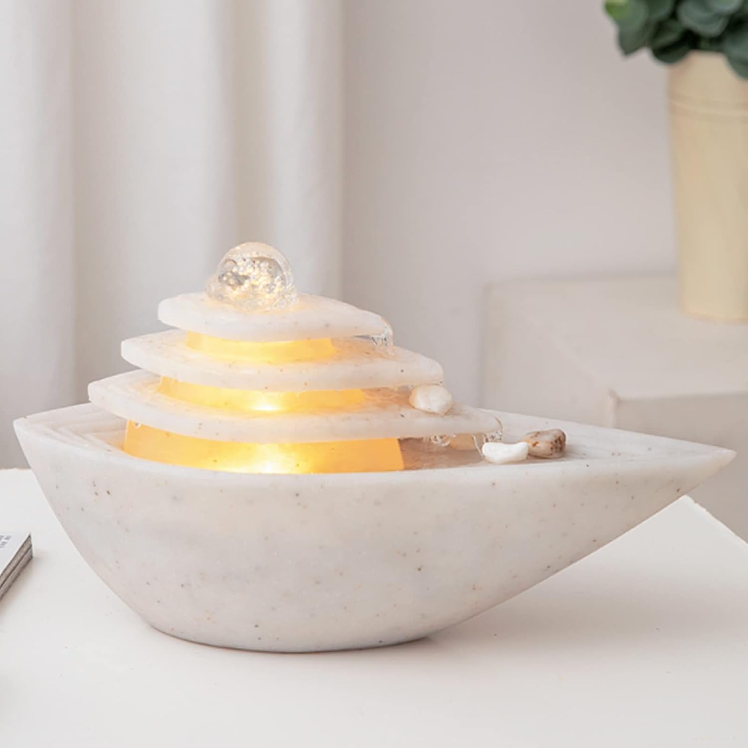 Tabletop Fountain Indoor Tabletop Water Fountain with LED Lights Rolling Ball Relaxation Zen Cascading Feng Shui Waterfall Home Decor Table Centerpiece, Small Desktop Size, White