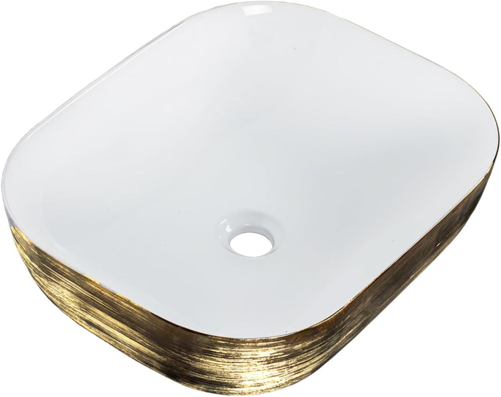 Strictly Sinks 19 Inch Rectangular Gold & White Ceramic Countertop Vessel Sink Easy to Install Above Counter Luxurious Bathroom Sink (19-3/4' W x 16' L x 6'H)