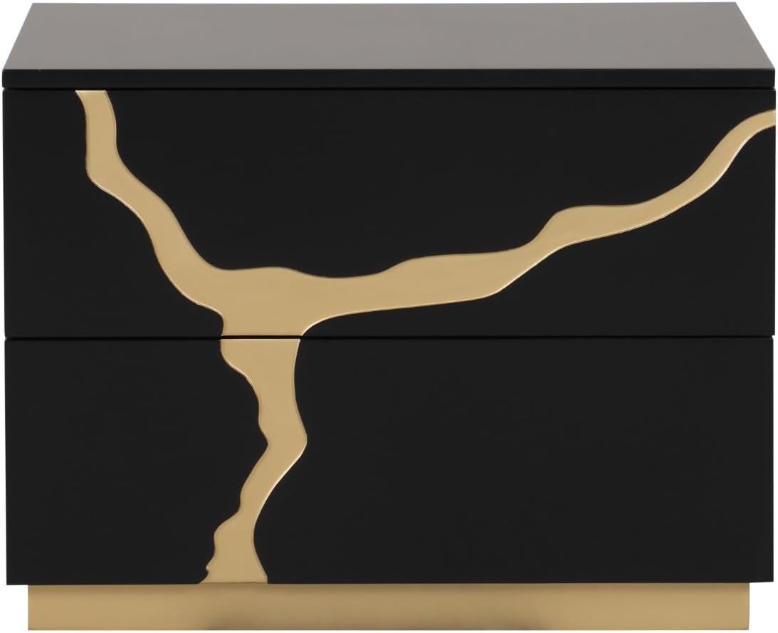 MASARA Contemporary 4-Piece Queen Bedroom Set, Black with Gold Pattern, Felt-Lined Drawers