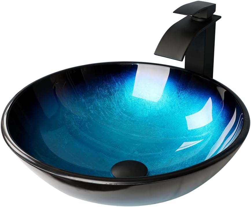 Blue Bathroom Sinks Balck Glass Vessel Sinks for Bathroom Countertop Round Vanity Sink Bowl Combos Black Mixer Faucet and Drain Set Glass Basin Bowl for Bathrooms Large