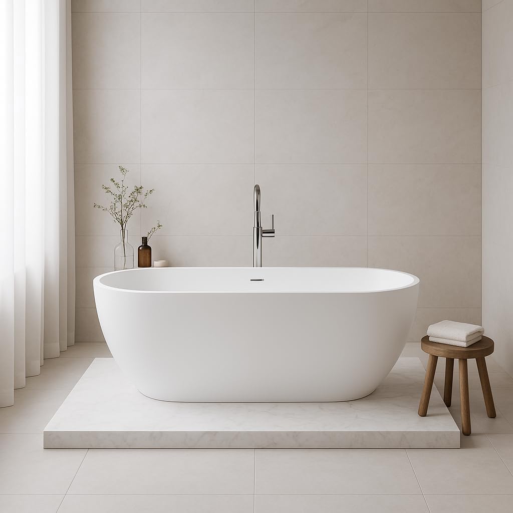 Carver Tubs - Seraphina 59' - Modern White Freestanding Soaking Bathtub - w/Chrome Drain - Two Person Contemporary Rounded Oval Acrylic Fiberglass Tub - Deep Relaxing Soak - 59'L x 29'W x 23.5'H