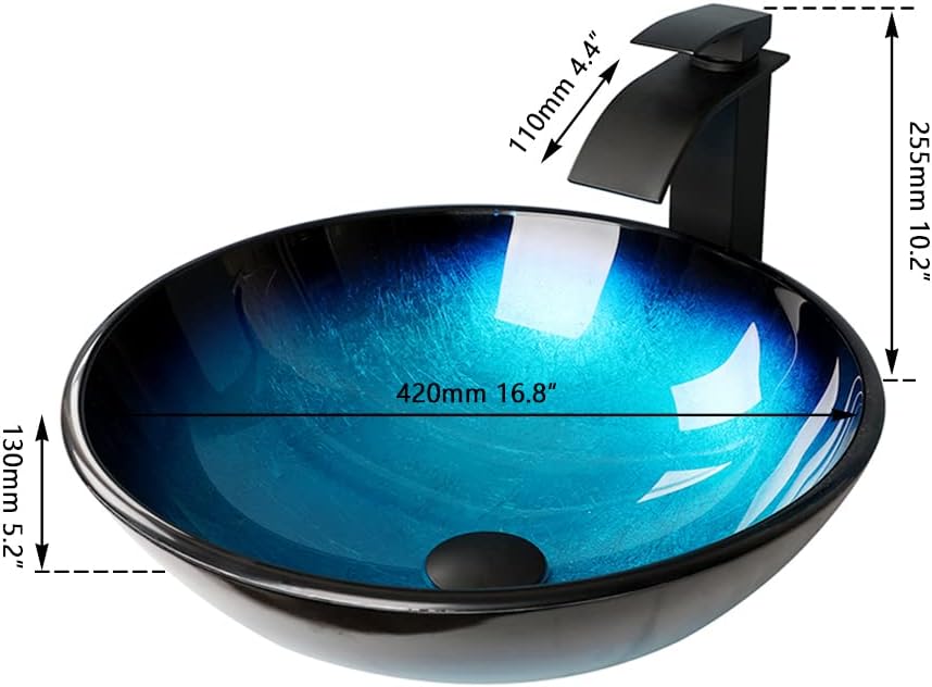 Blue Bathroom Sinks Balck Glass Vessel Sinks for Bathroom Countertop Round Vanity Sink Bowl Combos Black Mixer Faucet and Drain Set Glass Basin Bowl for Bathrooms Large