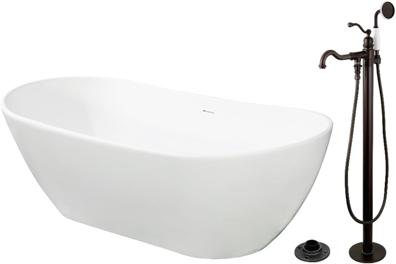 Kingston Brass KRTRS7232135AL 72' Solid Surface Oval Double Ended Freestanding Tub with Faucet Combo and Drain, Oil Rubbed Bronze