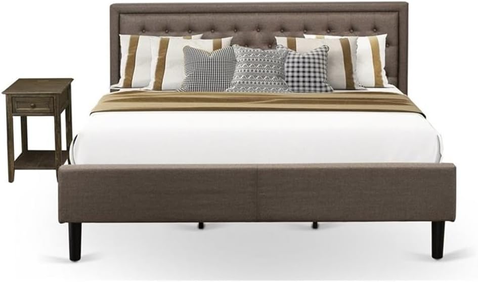 East West Furniture KD18K-1DE07 2 Piece Bed Set - 1 Bed frame Brown Linen Fabric Padded and Button Tufted Headboard with 1 Wooden Night Stand - Distressed Jacobean Finish Nightstand