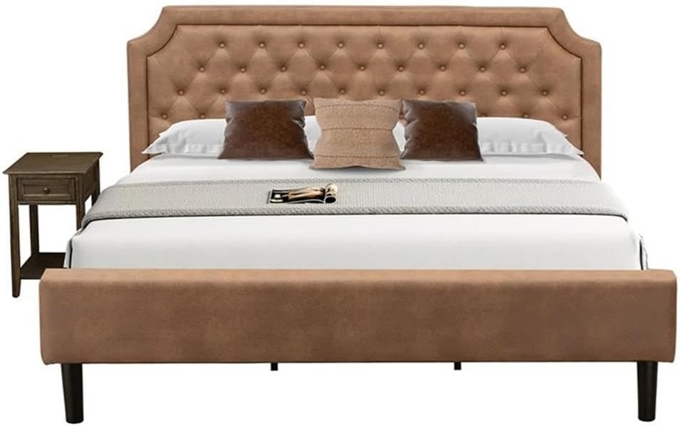 East West Furniture GB28K-1DE07 2-Pc Granbury King Size Bedroom set with Button Tufted Bed Frame and 1 Distressed Jacobean Mid Century Nightstand - Brown faux Leather with Brown Texture and Black Legs