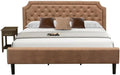 East West Furniture GB28K-1DE07 2-Pc Granbury King Size Bedroom set with Button Tufted Bed Frame and 1 Distressed Jacobean Mid Century Nightstand - Brown faux Leather with Brown Texture and Black Legs