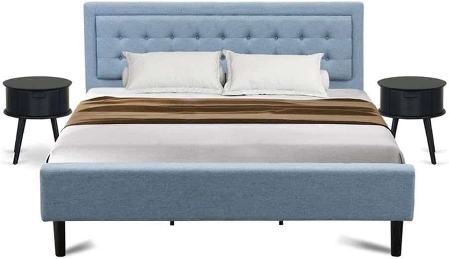 East West Furniture FN11K-2GO15 3-Piece Platform King Size Bedroom Set with 1 King Size Frame and 2 End Tables for bedroom - Reliable and Sturdy Construction - Denim Blue Linen Fabric