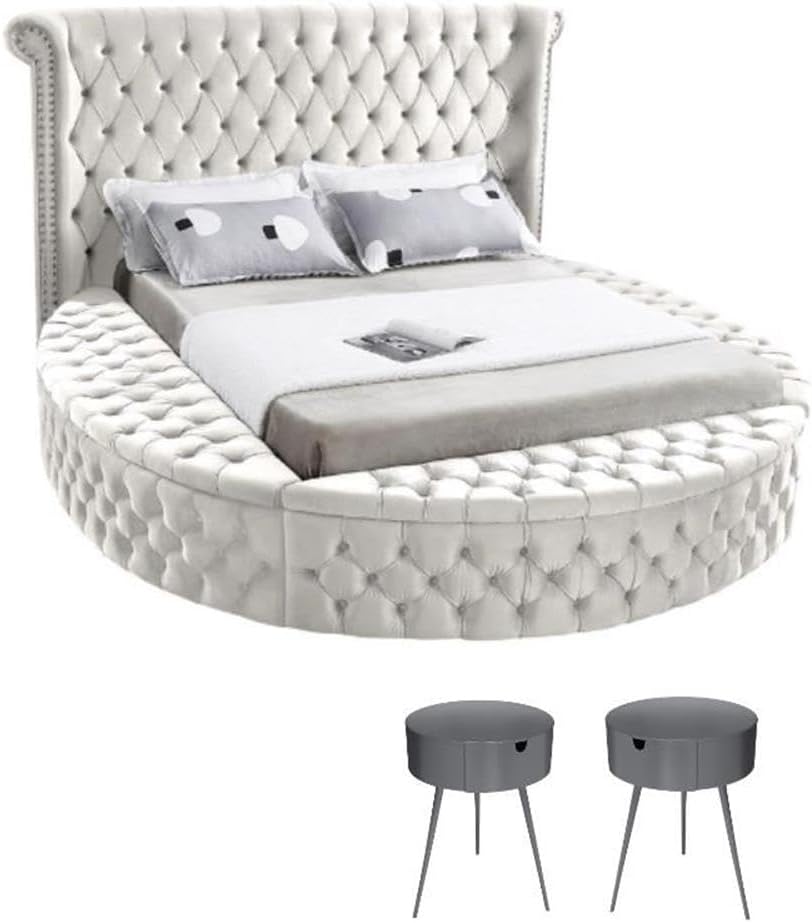 Home Square 3-Piece Set with Luxus Cream Velvet King Bed & 2 Bali Nightstands