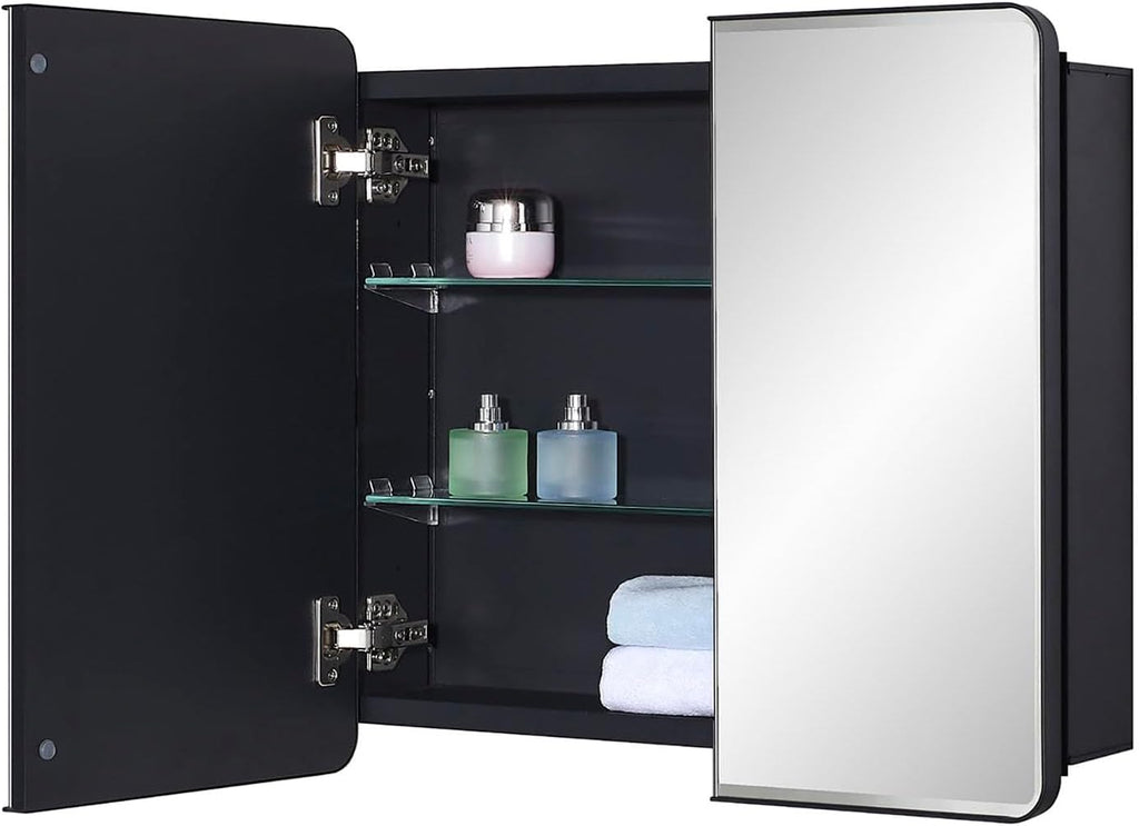IDYLLOR Black Bathroom Medicine Cabinet with Round Corner Framed Door and Beveled Edge Mirror 22 x 20 inch, Recessed or Surface Mount, with Adjustable Glass Shelves