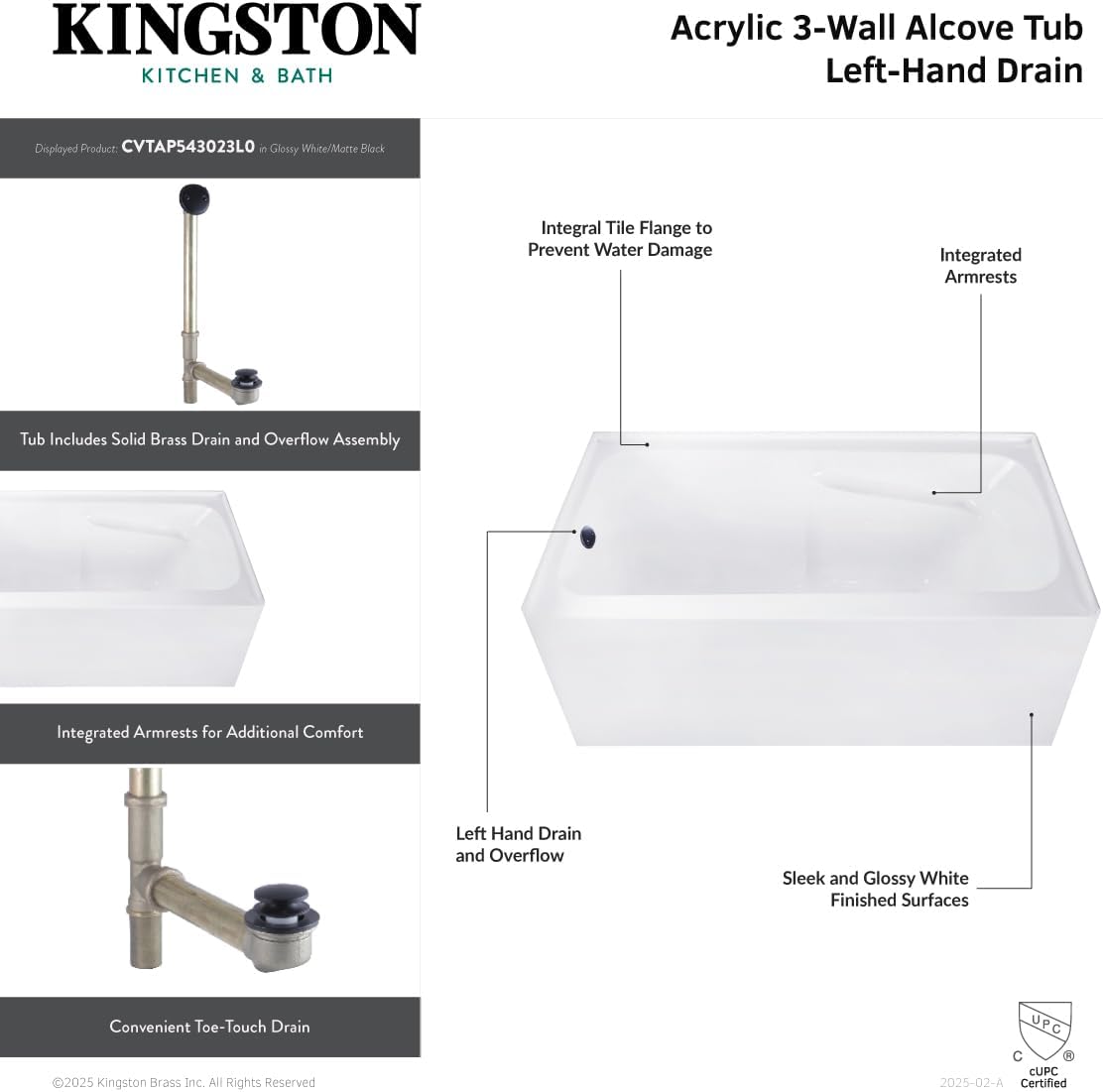 Aqua Eden CVTAP543023L5 54' Acrylic Rectangular 3-Wall Alcove Tub with Armrests, Left Hand Drain, Glossy White/Oil Rubbed Bronze