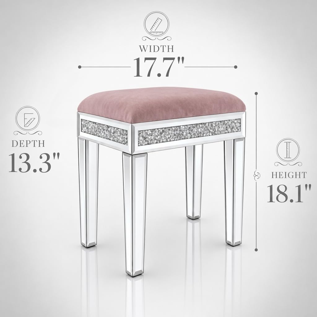 Vanity Stool with Storage – Mirrored Legs, Velvet Cushioned Ottoman, Hidden Compartment, Sparkling Diamond Trim, Glam Makeup Chair & Piano Bench - Silver (Dusty-Pink)