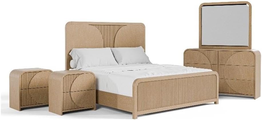 Furniture of America Tissen Modern Solid Wood 5-Piece King Bedroom Set with USB Ports, Reeded Panels, Curved Edges and Beveled Mirror, Box Spring Needed, Natural