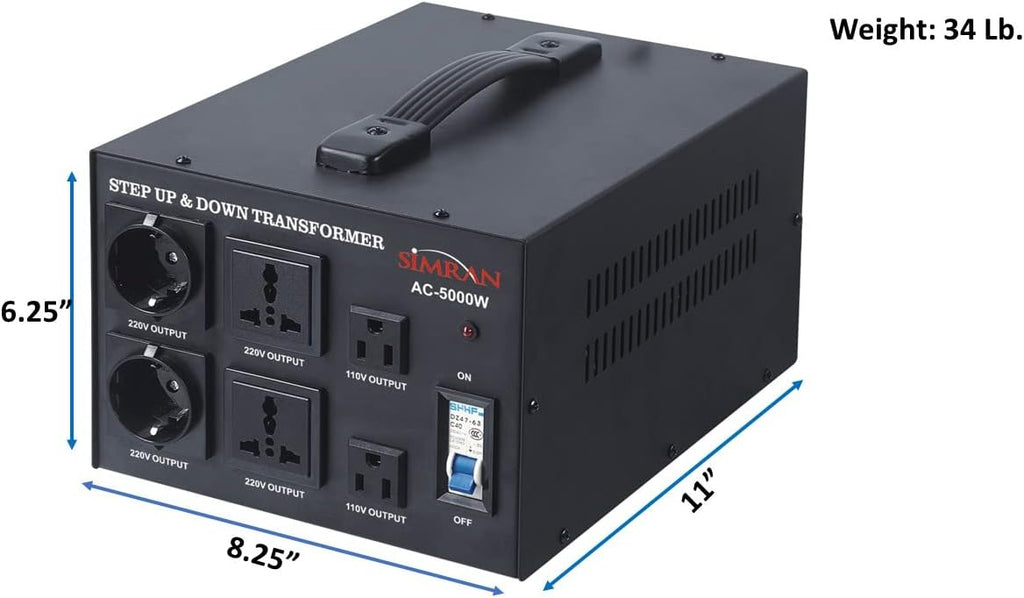 Simran AC-5000 Step Up/Down Voltage Transformer Power Converter for Conversion Between 110 Volt and 220 Volts with Circuit Breaker, CE Certified, 5000 Watts, Black