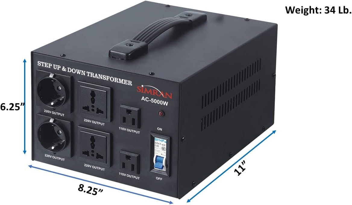 Simran AC-5000 Step Up/Down Voltage Transformer Power Converter for Conversion Between 110 Volt and 220 Volts with Circuit Breaker, CE Certified, 5000 Watts, Black