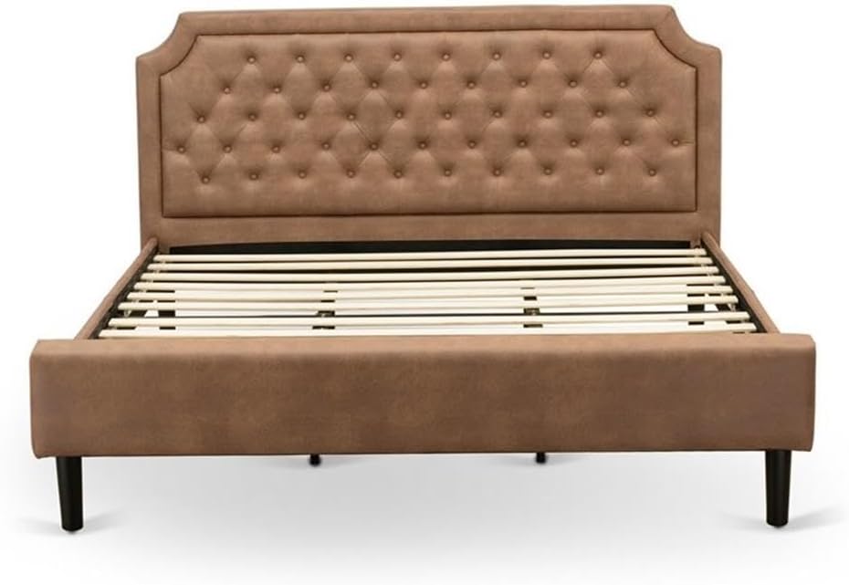 East West Furniture GB28K-1DE07 2-Pc Granbury King Size Bedroom set with Button Tufted Bed Frame and 1 Distressed Jacobean Mid Century Nightstand - Brown faux Leather with Brown Texture and Black Legs