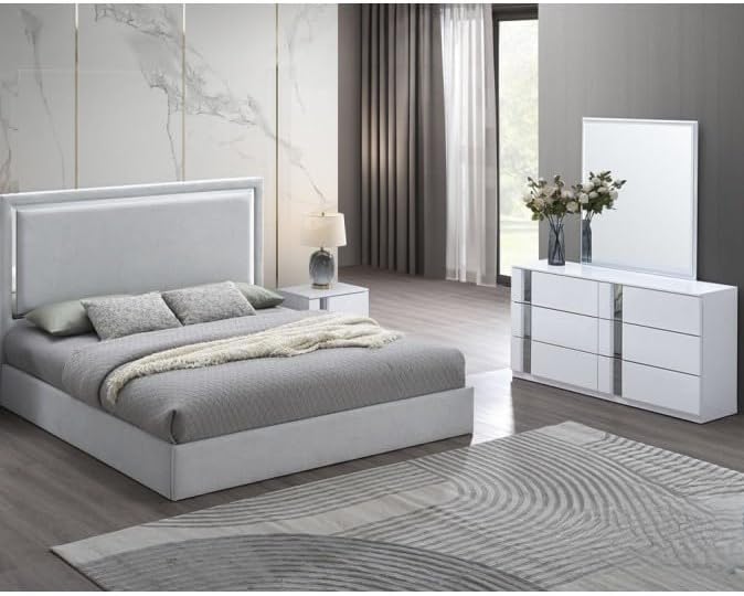 4-Piece Queen Size Modern Bedroom Set, Gray/White Wood Frame wih Mirror Trim, High Gloss Finish