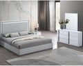 4-Piece Queen Size Modern Bedroom Set, Gray/White Wood Frame wih Mirror Trim, High Gloss Finish