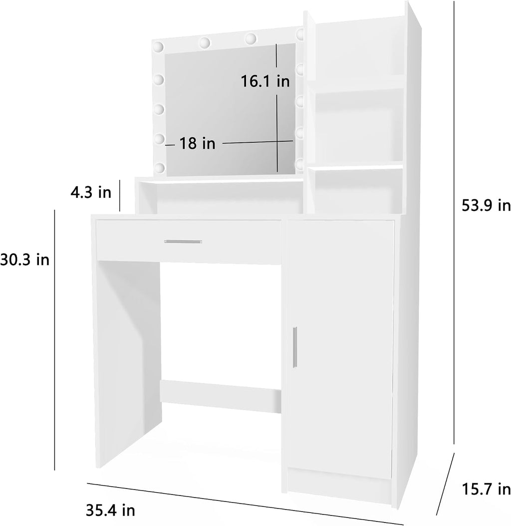 Palimder Vanity Desk with Mirror and Light, Large Drawer and Three Level Storage Dresser, 3 Lighting Modes Adjustable Brightness, Bedroom Dressing Table (White)