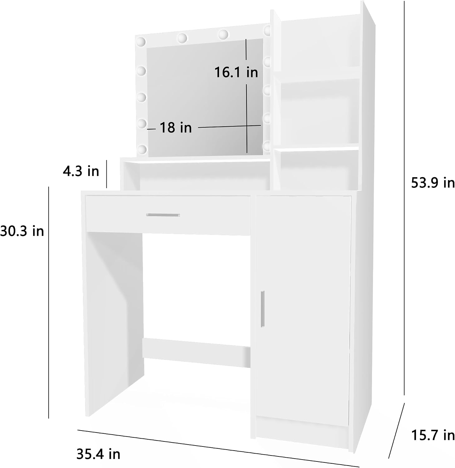 Palimder Vanity Desk with Mirror and Light, Large Drawer and Three Level Storage Dresser, 3 Lighting Modes Adjustable Brightness, Bedroom Dressing Table (White)