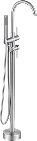 Freestanding Bathtub Faucet Brushed Nickel, Floor Mount Tub Filler, High Flow Brass Shower Faucets with Handheld Sprayer for Bath