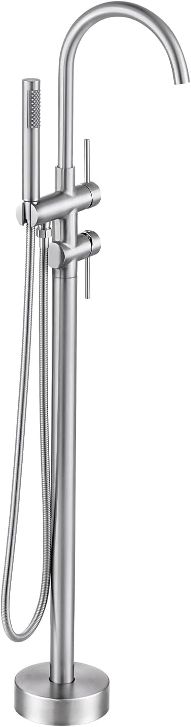 Freestanding Bathtub Faucet Brushed Nickel, Floor Mount Tub Filler, High Flow Brass Shower Faucets with Handheld Sprayer for Bath