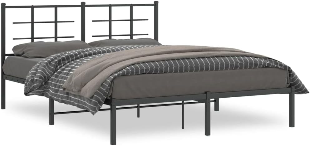 Metal Bed Frame with Headboard Queen Size Black Steel Platform Bedframe Sturdy Support Underbed Storage Space for Bedroom