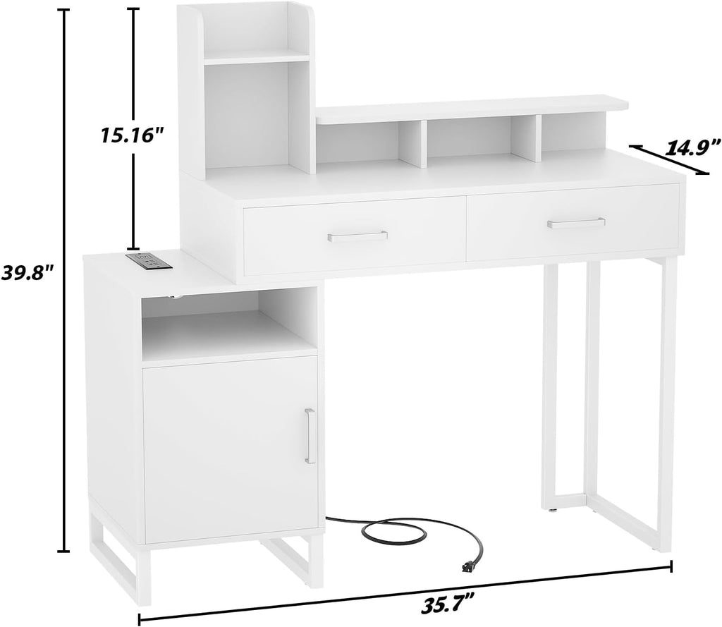 Besiost Vanity Desk, Small Vanity Desk with Power Outlet, Makeup Desk with Drawers and Cabinets, Vanity Set with Storage Shelves for Bedroom, No Mirror, White
