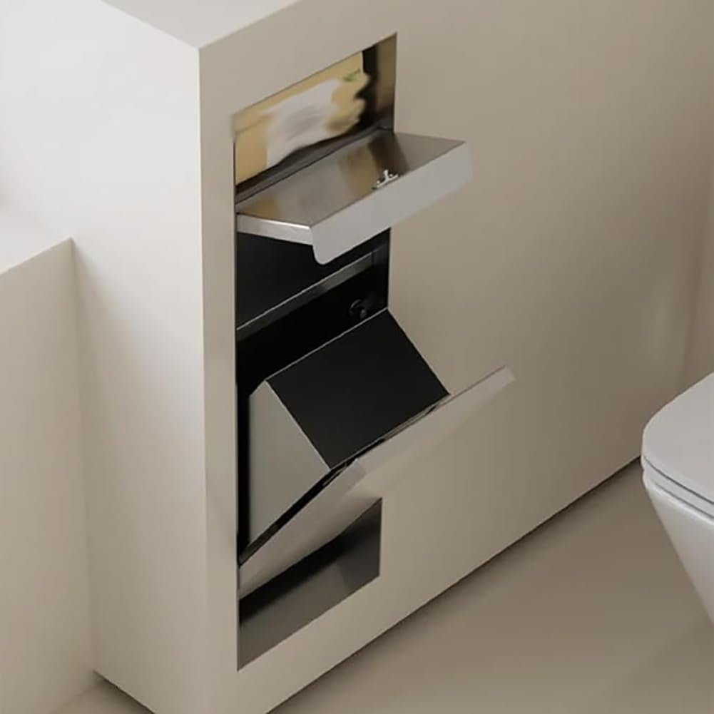 Shower Niche with Built-in Trash Can, Stainless Steel Bathroom Storage Rack, Built-in Bathroom Niche, Wall-Mounted Trash Can Cabinet, Multi-Functional Toilet Paper Holder,Black