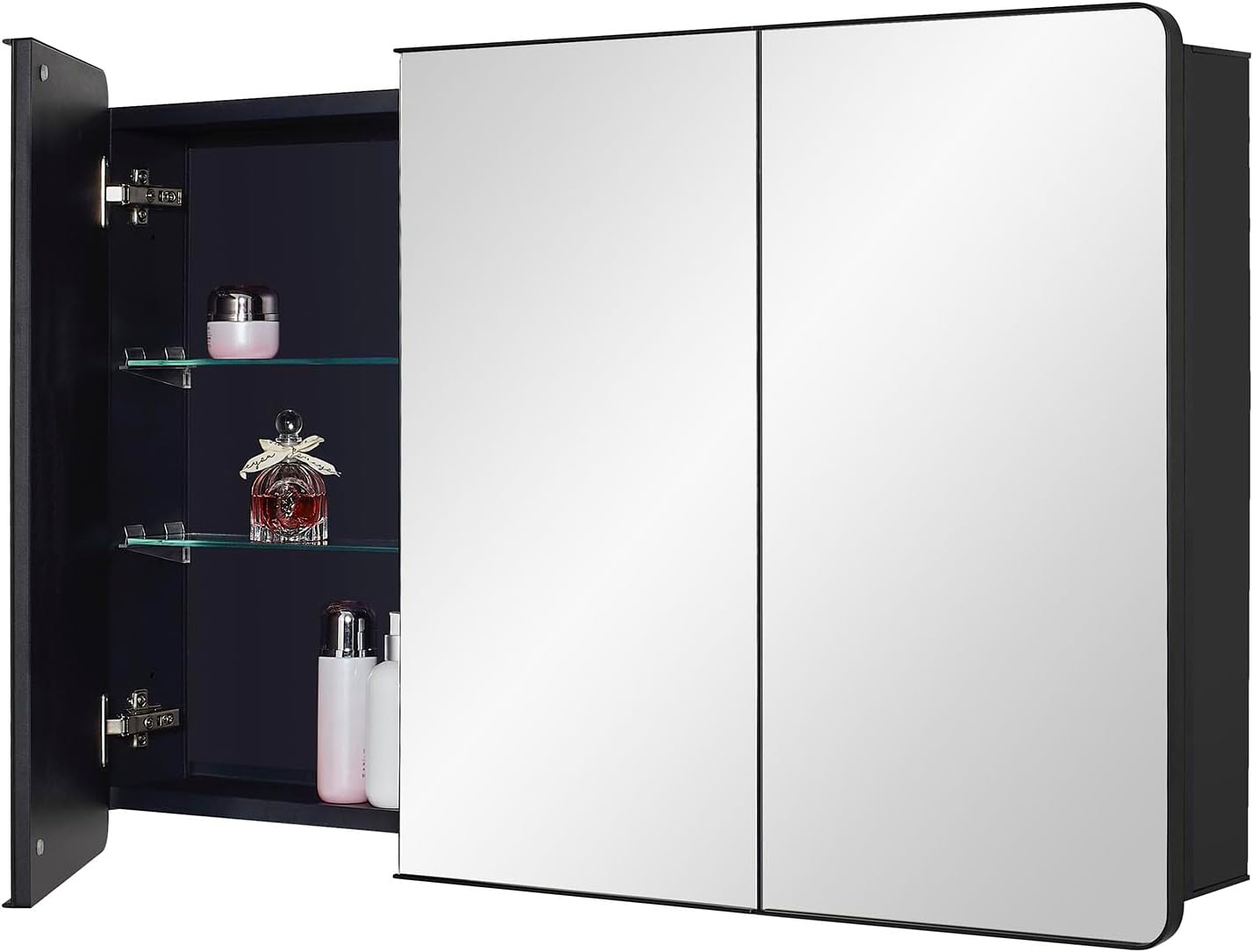 IDYLLOR Black Bathroom Medicine Cabinet with Round Corner Framed Door, 40 x 25.5 inch, Recessed or Surface Mount, with Adjustable Glass Shelves