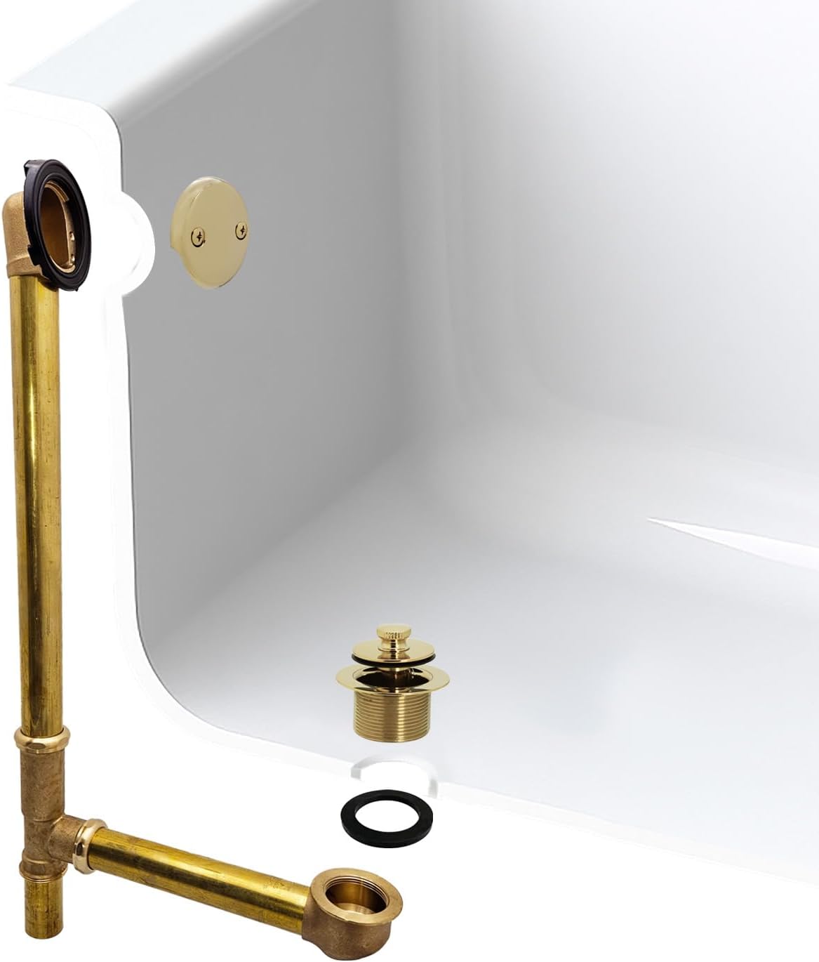Westbrass A3264-01 22-1/2' Brass Bath Waste & Overflow Assembly with Pull Drain Plug and 2-Hole Faceplate, Polished Brass