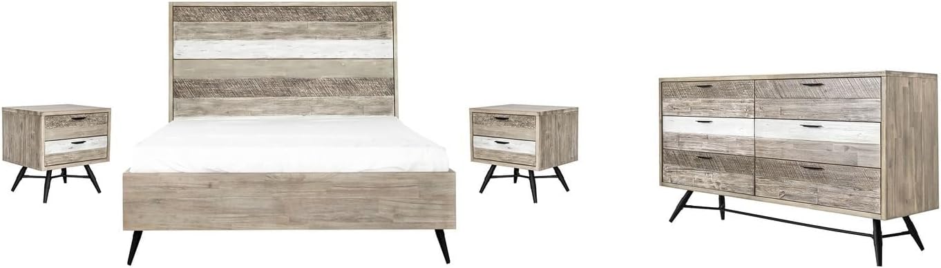 HomeStock Farmhouse Bedroom Set - 4 Piece Acacia Wood Bed Set - Modern Rustic Queen King Size