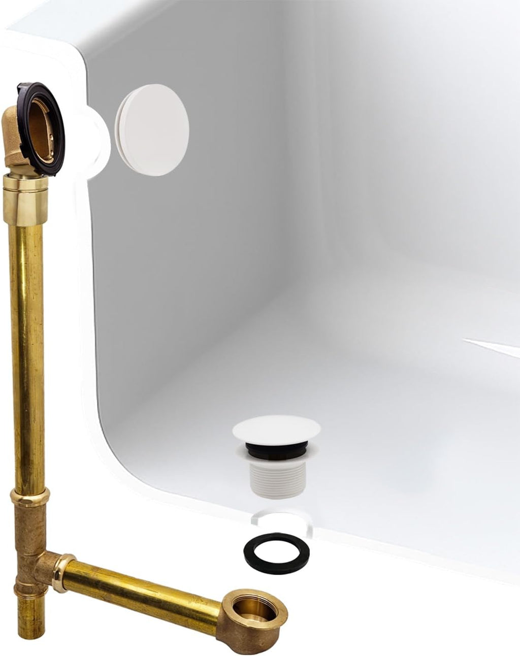 Westbrass A326HBJ-50 25' Brass Bath Waste & Overflow Assembly with European Tip-Toe Drain Plug and Illusionary Faceplate, Powder Coat White