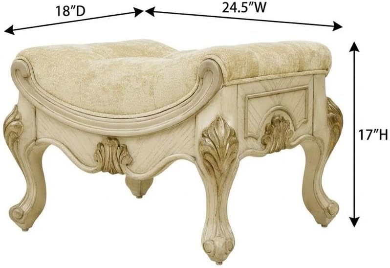 Michael Amini Platine de Royale Beige Champagne Vanity Bench Solid Rubberwood Frame Velvet Upholstery Comfortable Seating Elegant Design Durable Construction for Bedroom or Dressing Room