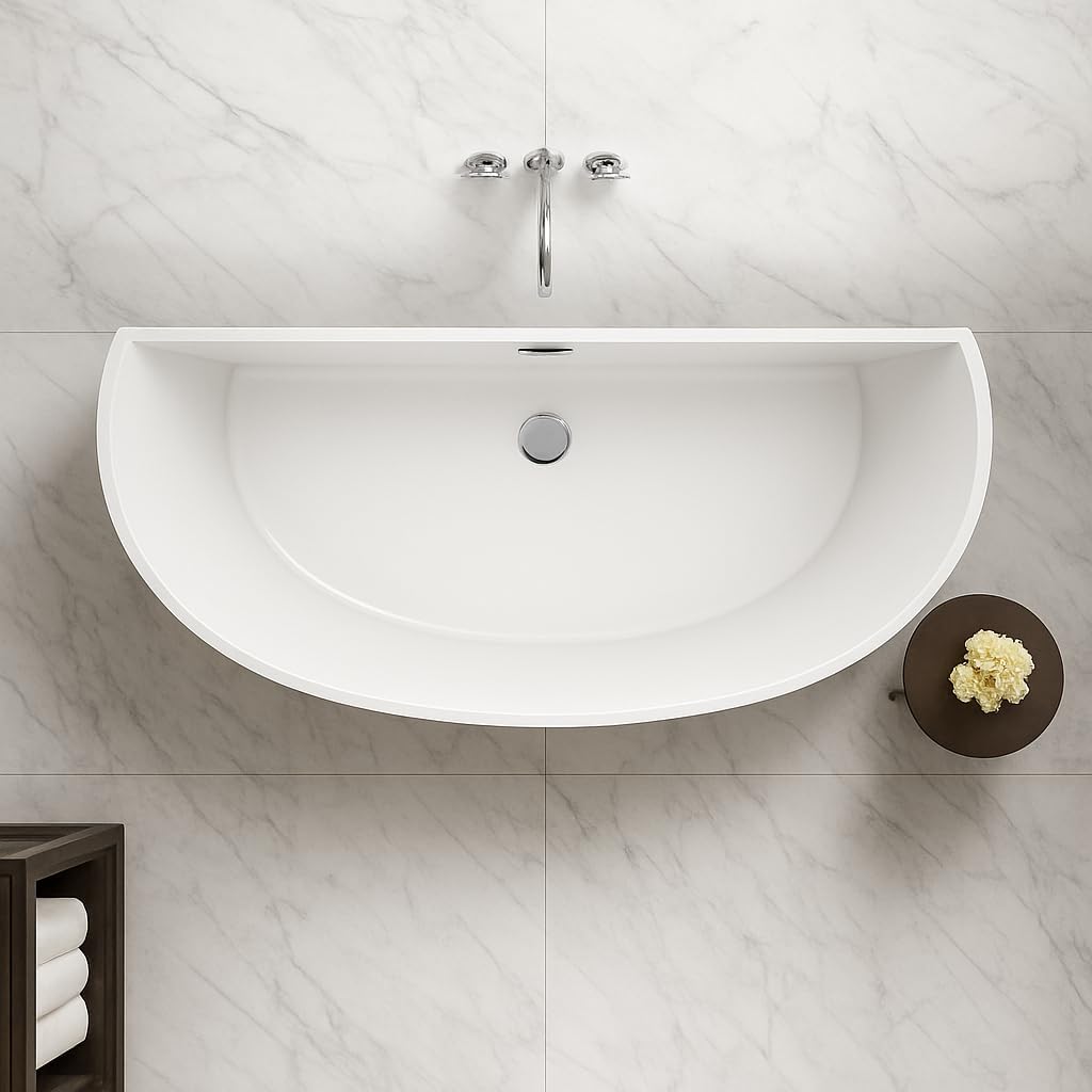 Carver Tubs - Trinity 69' - Modern White Freestanding Soaking Bath Tubs for bathroom, With Chrome Drain - Semicircular Acrylic Fiberglass Spacious Tub - Deep Relaxing Soak - 69'L x 31'W x 23.5'H
