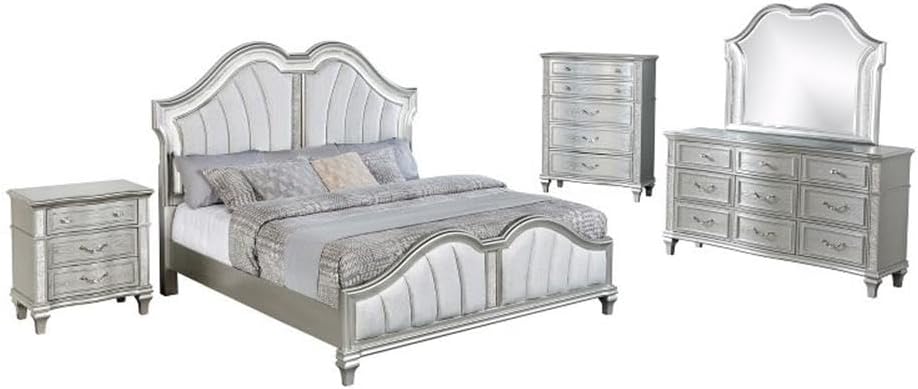 Best Quality Furniture Silver Embossed Wood Bedroom Set with King Panel Bed