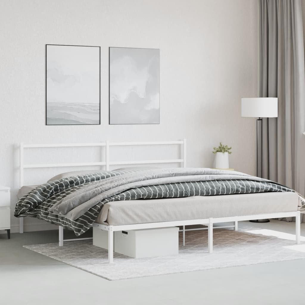 Metal Bed Frame with Headboard King Size White 76'x79.9' Sturdy Steel Platform Bed Frame with Underbed Storage Space for Bedroom Furniture