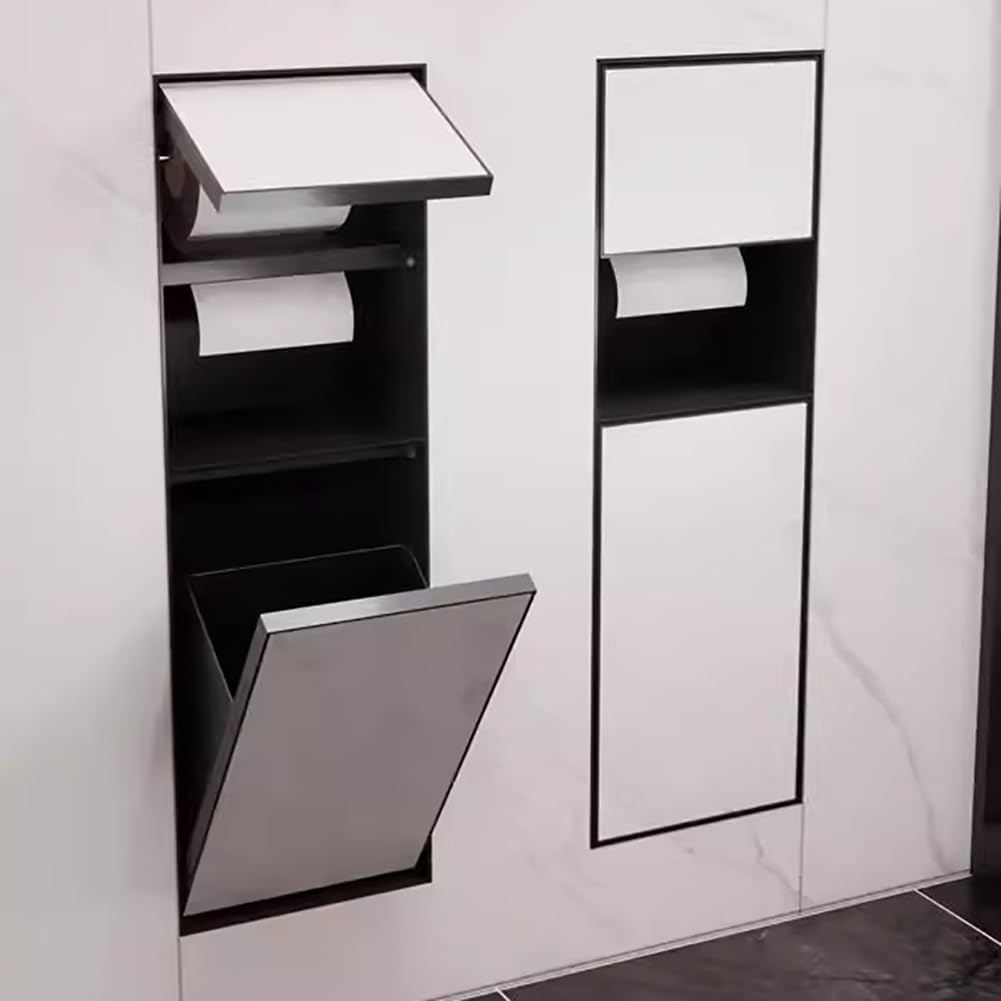 Shower Niche with Built-in Trash Can, Stainless Steel Bathroom Storage Rack, Built-in Bathroom Niche, Wall-Mounted Trash Can Cabinet, Multi-Functional Toilet Paper Holder,Gray