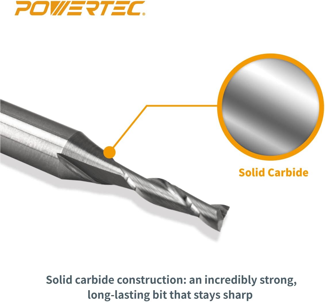 POWERTEC Tungsten Carbide Upcut Spiral Router Bit 10PK, 1/4' Shank, 1/8' Cutting Diameter, 1/2' Cutting Length, Carbide End Mill CNC Router Bits for Woodworking, Metal Cutting (73003-P10)