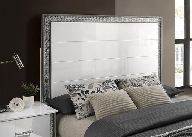 MASARA 6-Piece Glam White Bedroom Set with High-Gloss Finish, Engineered Wood, Crystal Effect Zinc Alloy Trim (King)